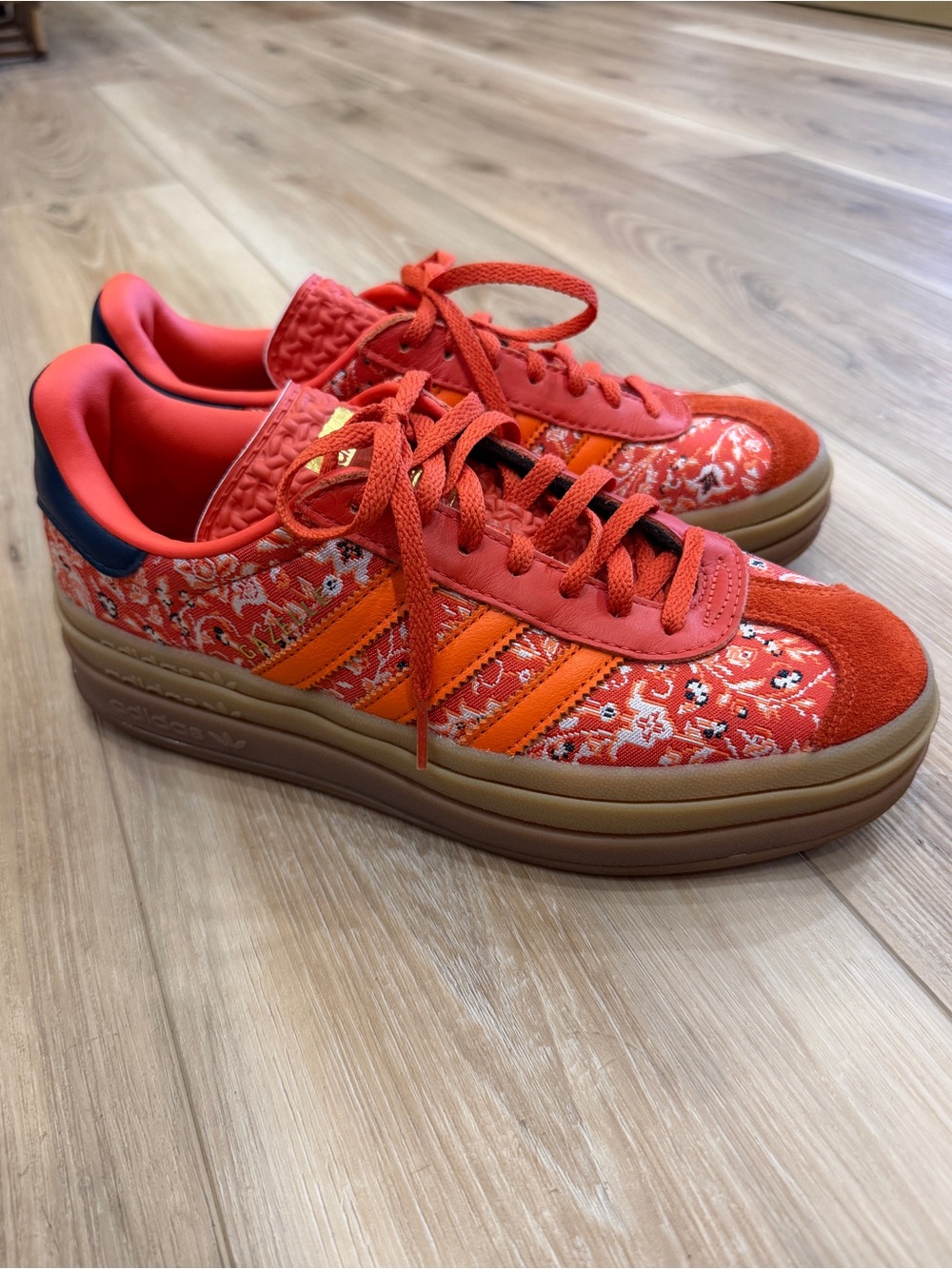 NEW Adidas gazelle orange and blue floral paisley woven bold platform sneakers